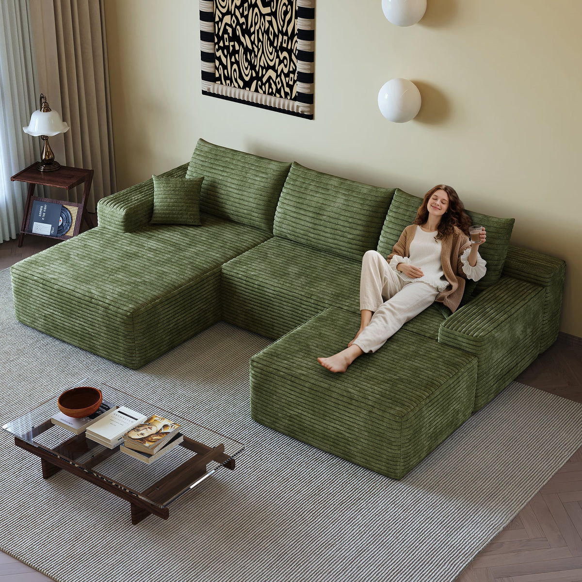 107in Cloud Sectional Sofa with Ottoman in green corduroy upholstery on Tampa Home & Garden Store