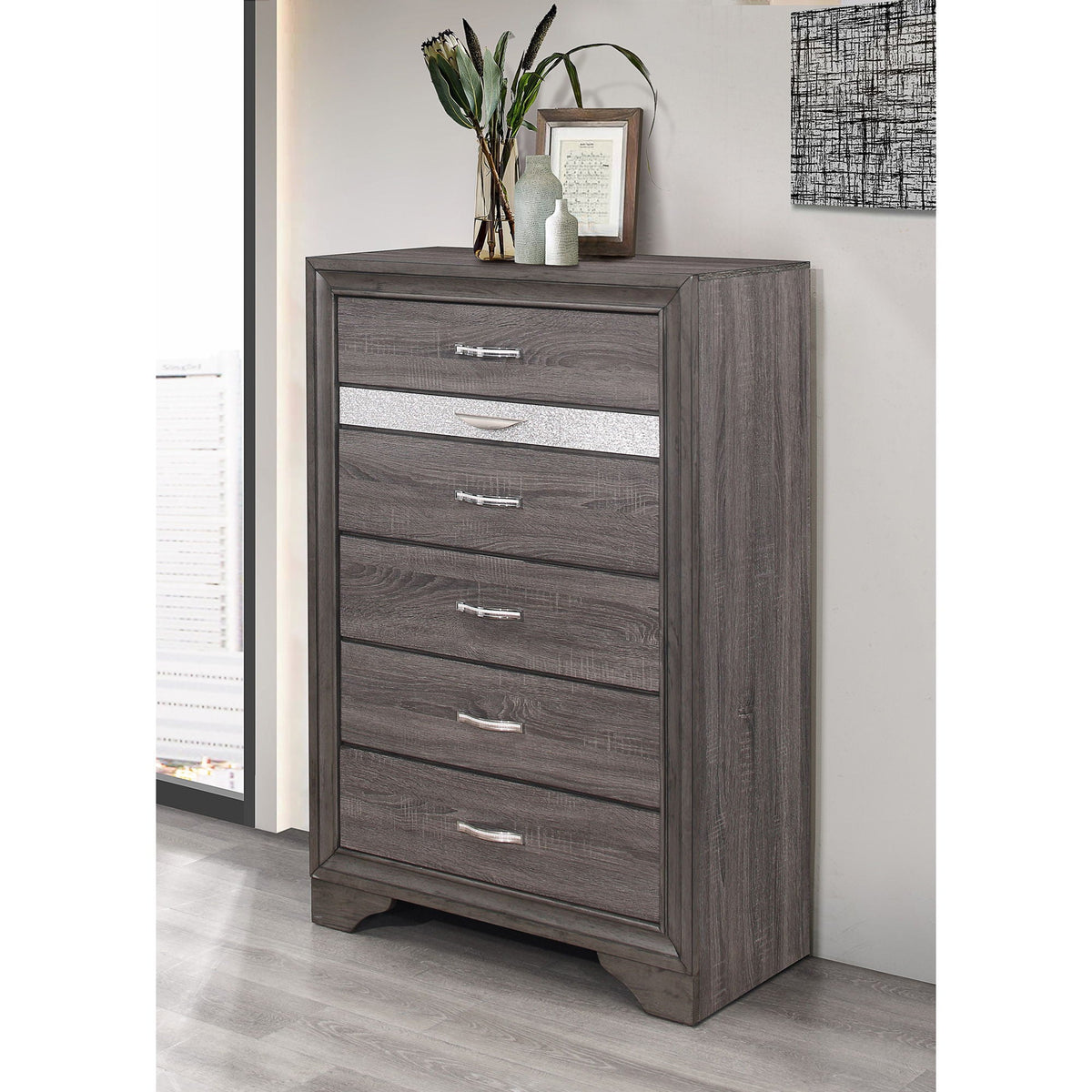 Gray sparkle accent chest with jewelry drawer Ryder, dark wood finish by HouseOfZazla on Tampa Home & Garden Store