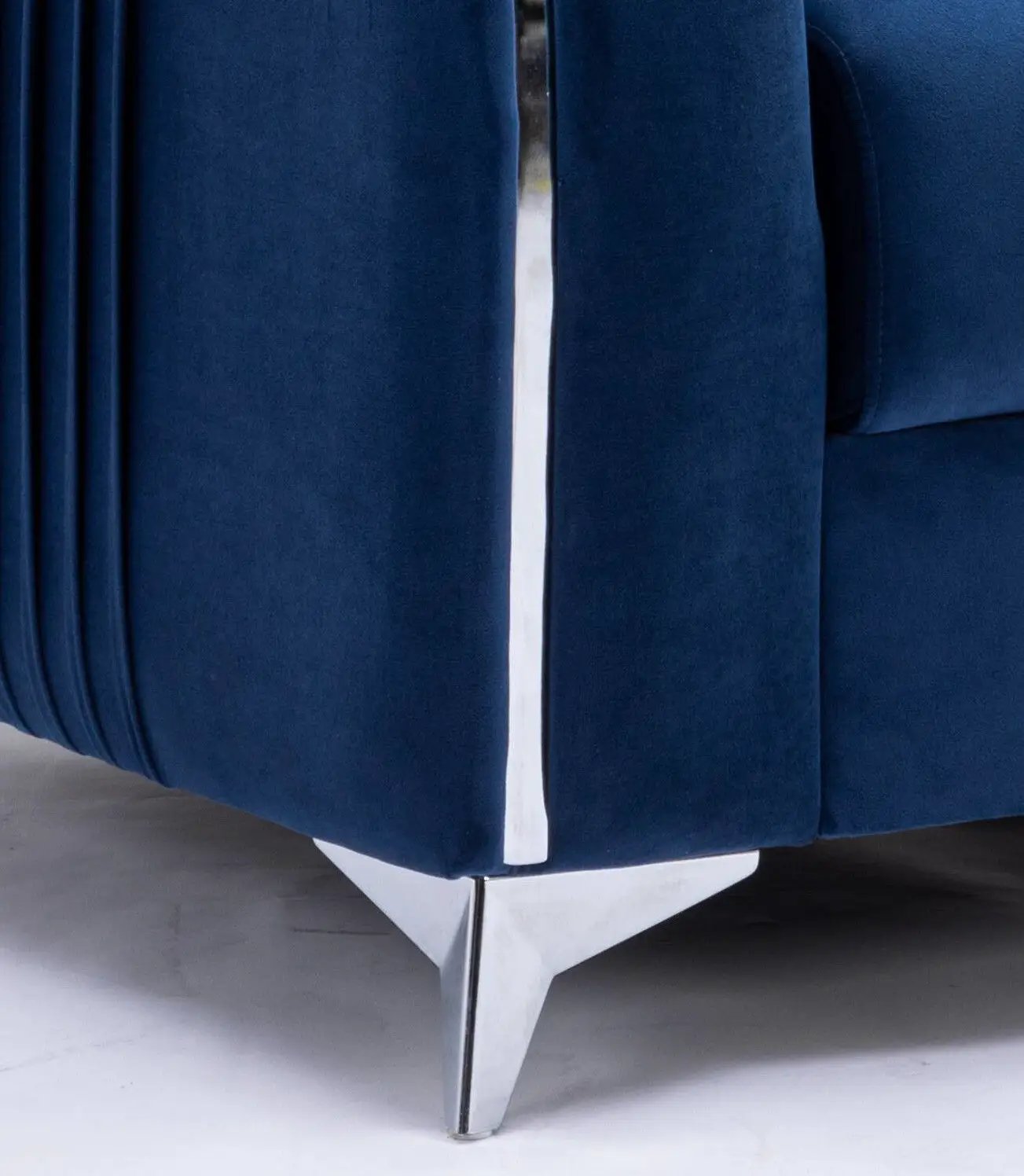 Wenona Modern Elegance Sofa, navy velvet stationary sofa with chrome metal legs on Tampa Home & Garden Store