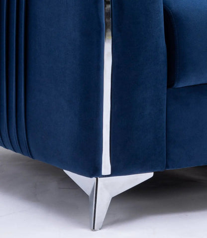Wenona Modern Elegance Sofa, navy velvet stationary sofa with chrome metal legs on Tampa Home & Garden Store