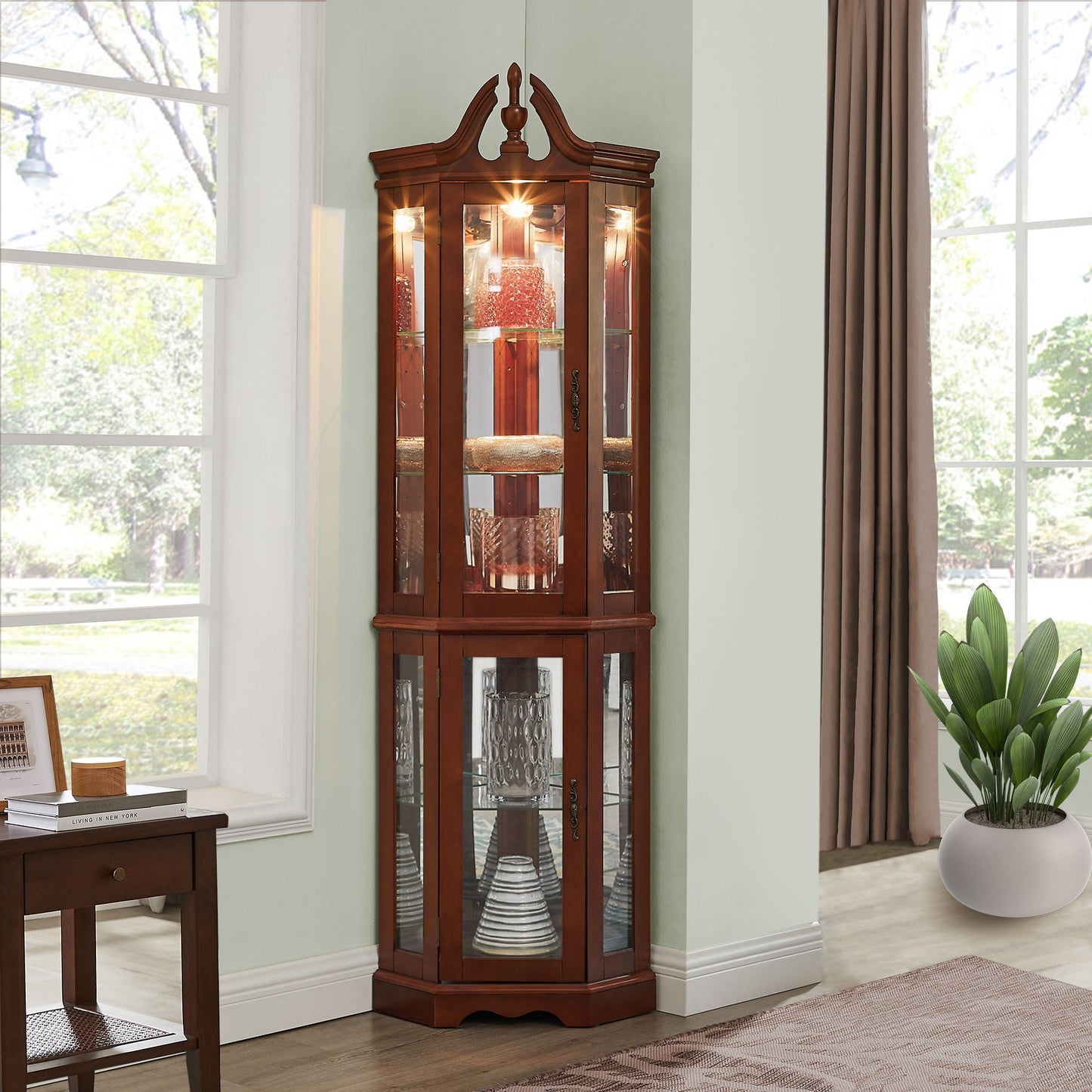Corner curio cabinet with lights in walnut finish, tempered glass shelves on Tampa Home & Garden Store