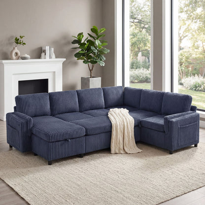 Convertible U-Shaped Sectional Sofa Bed navy corduroy, stationary sofa on Tampa Home & Garden Store