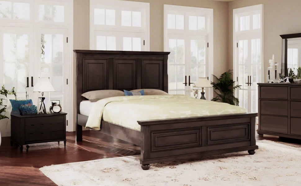 Traditional pinewood king bed frame with tall headboard, two nightstands and dresser in brown on Tampa Home & Garden Store