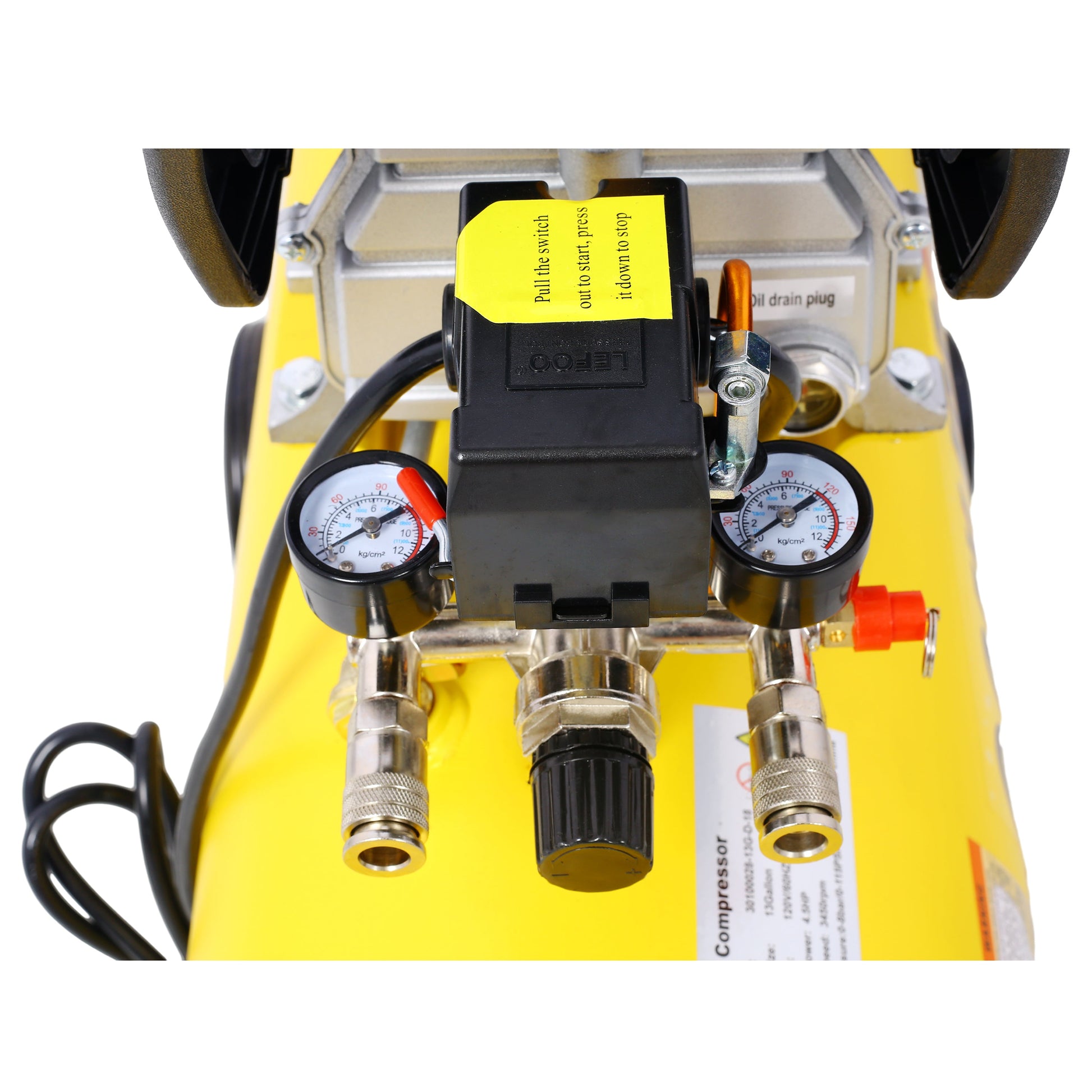 4.5HP portable 13-gallon oil-lubricated air compressor tank with yellow body and gauges on Tampa Home & Garden Store