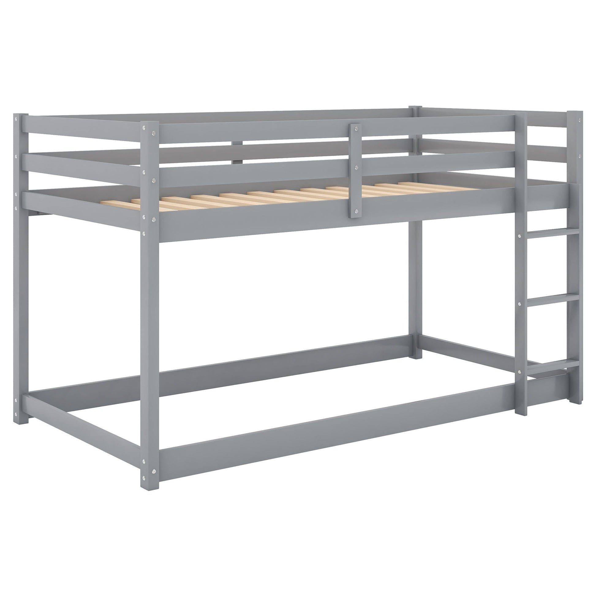 Floor bunk bed with ladder in gray metal frame, guard rails, slatted base HouseOfZazla on Tampa Home & Garden Store