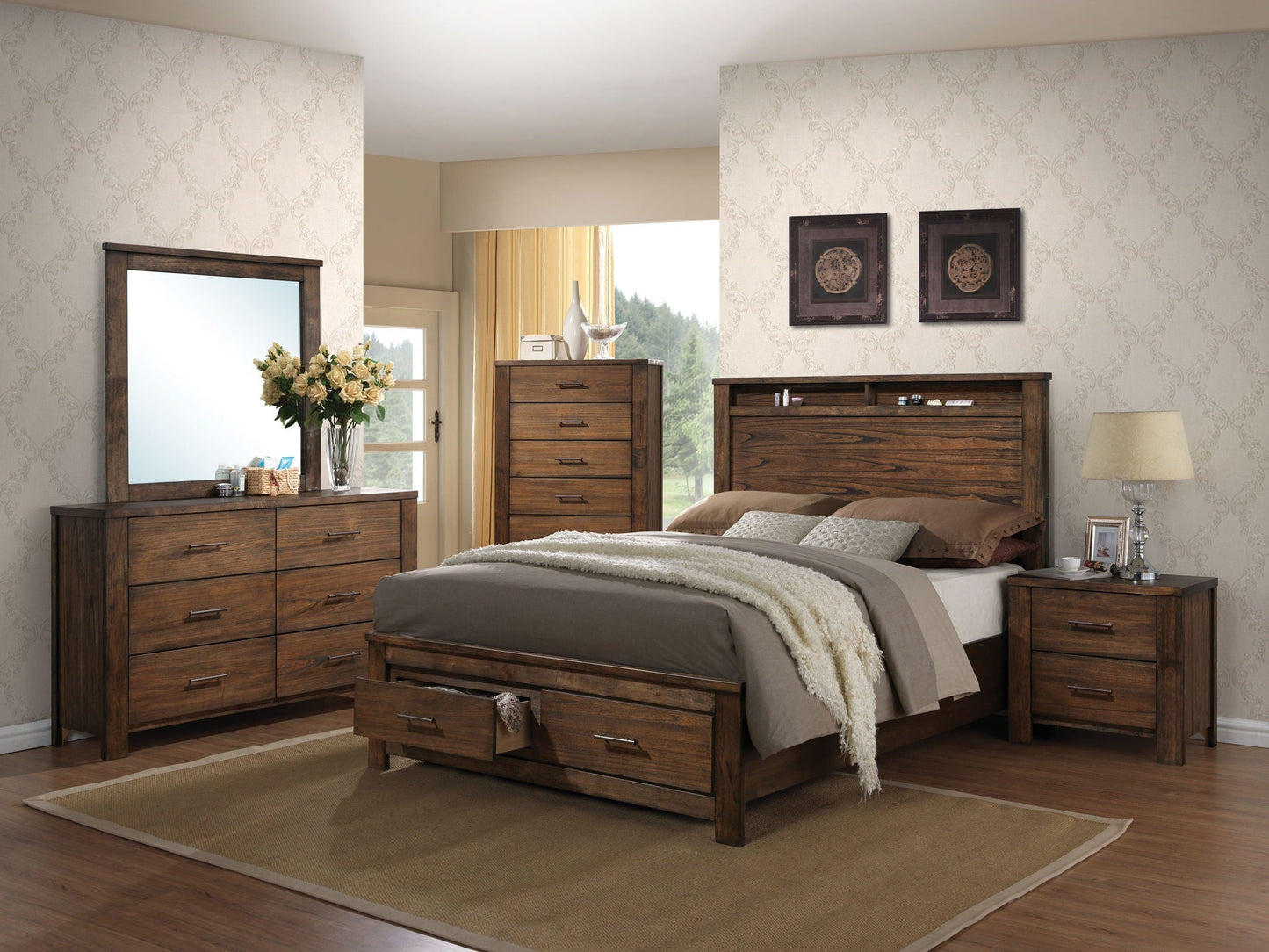 Merrilee Eastern King Bed with Storage in oak finish with matching nightstands and dressers on Tampa Home & Garden Store