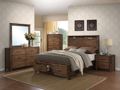 Merrilee Eastern King Bed with Storage in oak finish with matching nightstands and dressers on Tampa Home & Garden Store