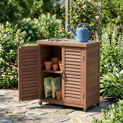 Potting bench with storage cabinet and metal top in brown wood with blue watering can on Tampa Home & Garden Store