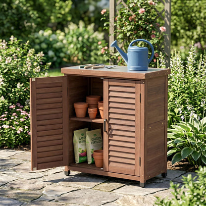 Outdoor Potting Bench With Metal Top and Cabinet