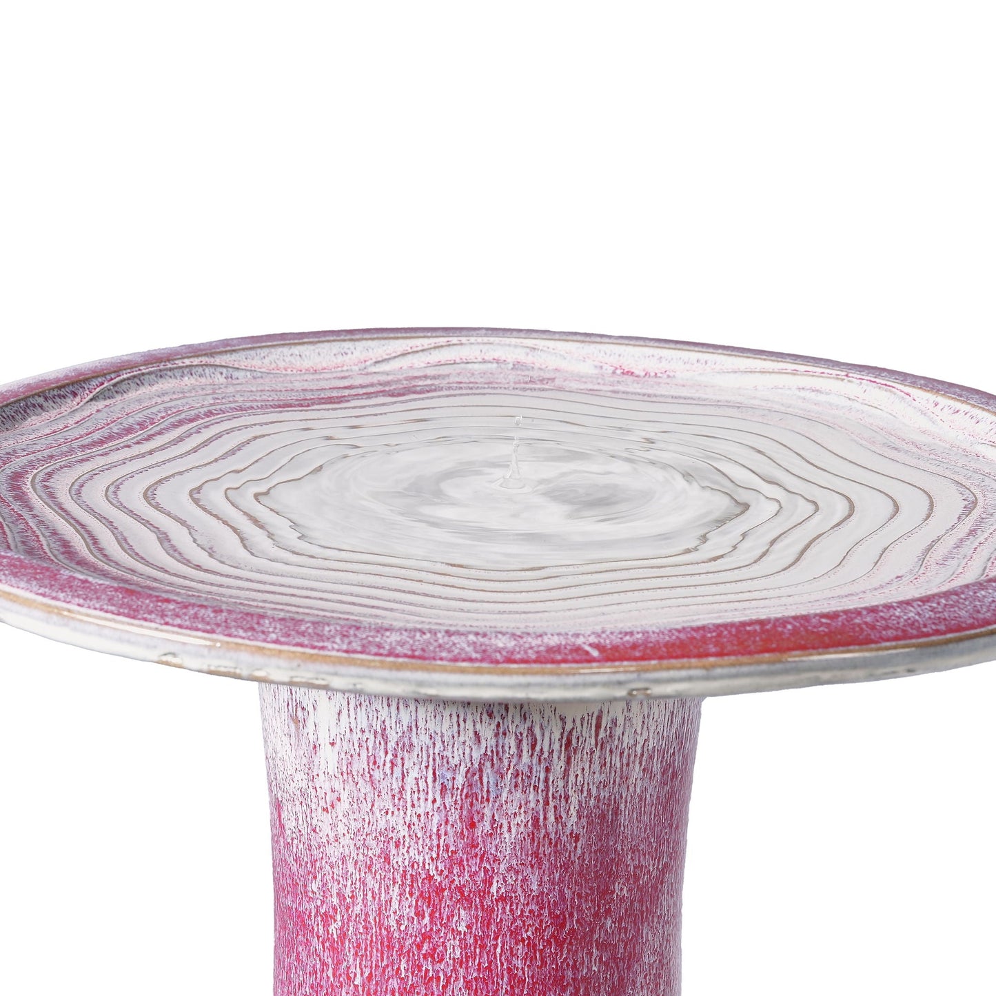 Birdbath for patio in white and pink with a distressed woodgrain finish and circular rim on Tampa Home & Garden Store