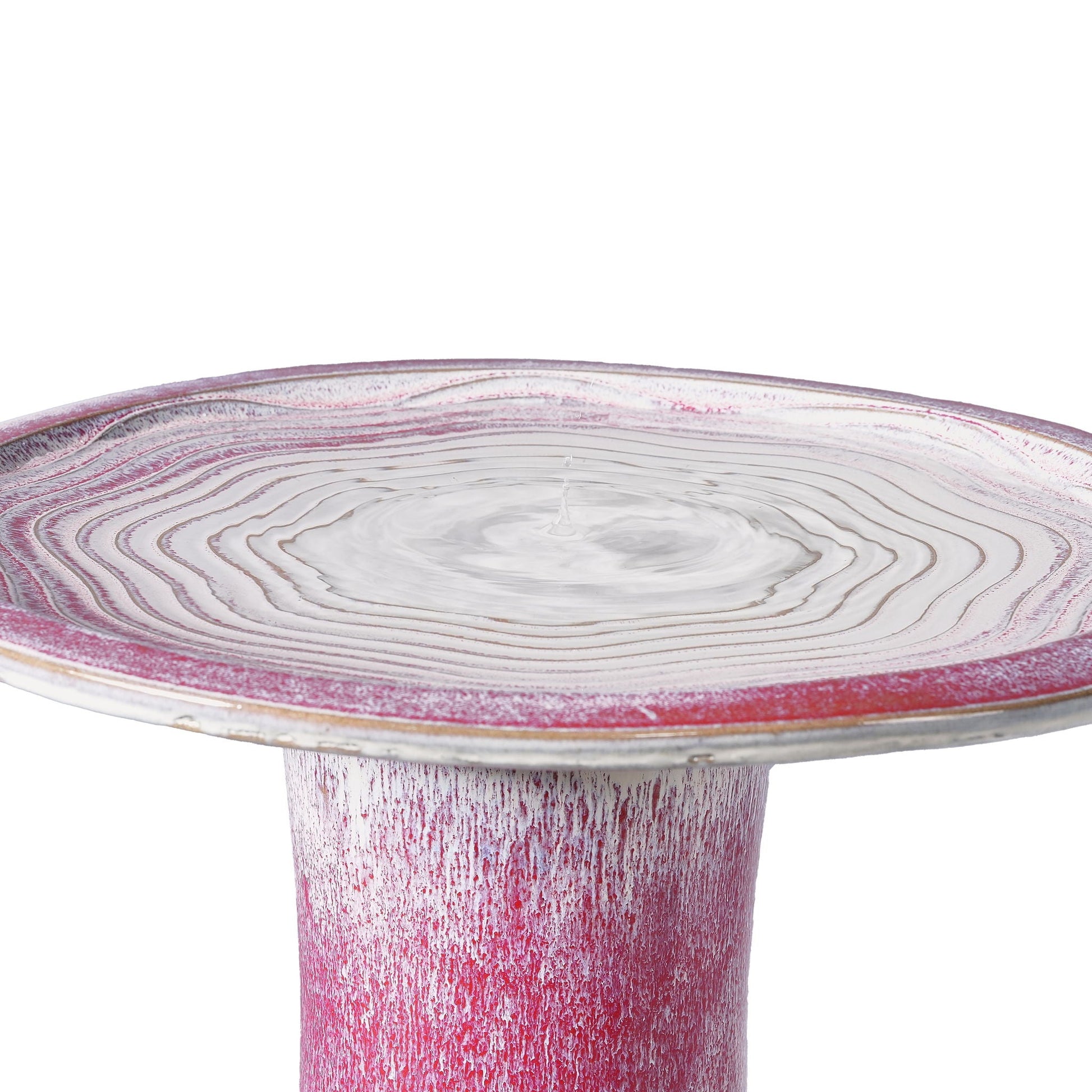 Birdbath for patio in white and pink with a distressed woodgrain finish and circular rim on Tampa Home & Garden Store