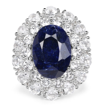 Ring with 10.64ct dyed sapphire center and white topaz halo in .925 sterling silver on Tampa Home & Garden Store