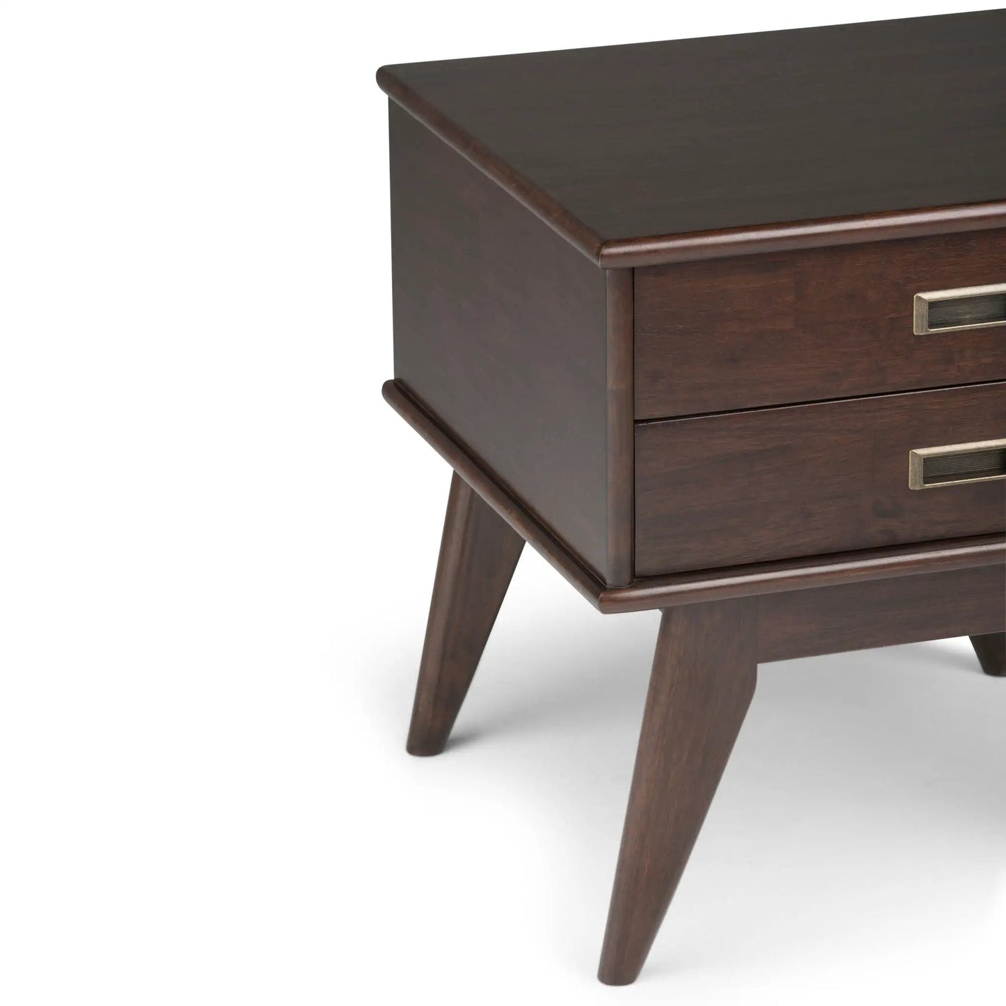 Draper Handcrafted Mid Century End Table, dark walnut finish with brass drawer pulls on Tampa Home & Garden Store