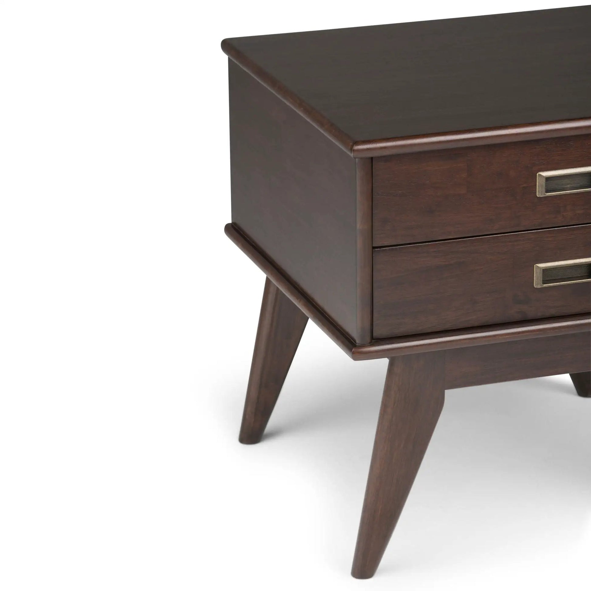 Draper Handcrafted Mid Century End Table, dark walnut finish with brass drawer pulls on Tampa Home & Garden Store