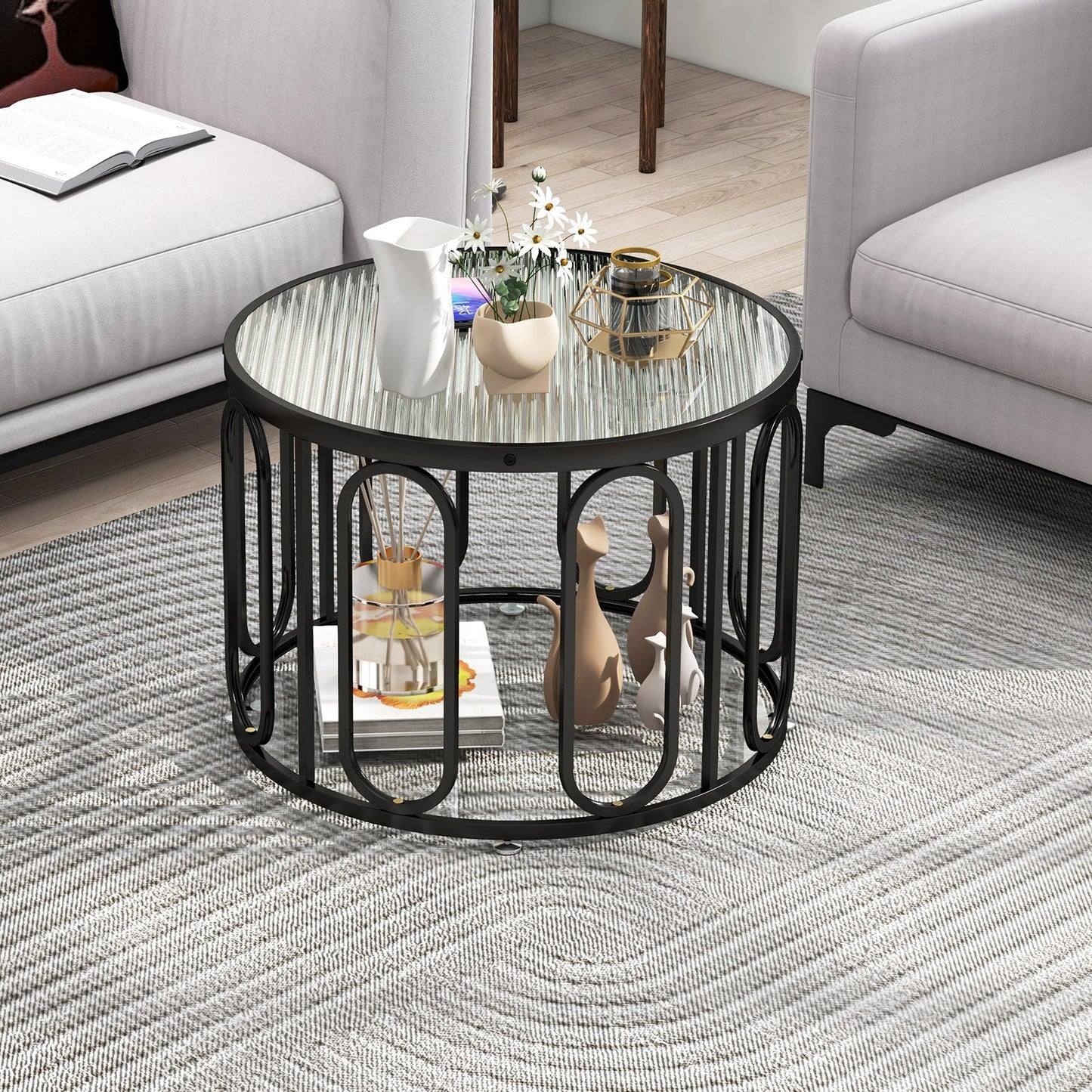 Mesa de centro redonda de 24 pulgadas con tapa de cristal templado acanalado y soportes giratorios ovalados - Negro