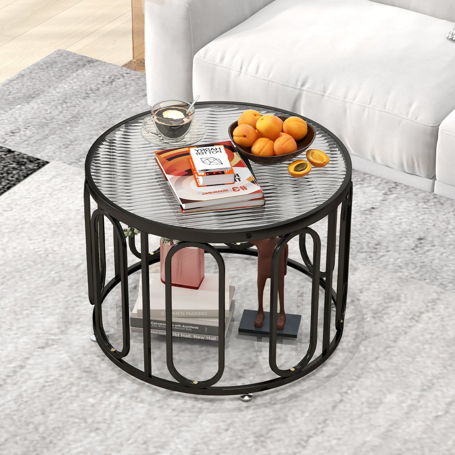 Mesa de centro redonda de 24 pulgadas con tapa de cristal templado acanalado y soportes giratorios ovalados - Negro