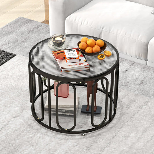 24 Inch Round Coffee Table with Reeded Tempered Glass Top and Oval Swivel Brackets-Black - Tampa Home & Garden Store