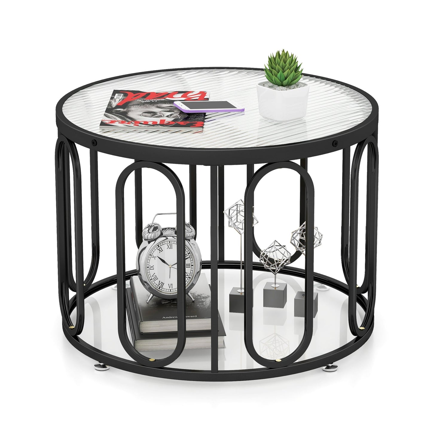 Mesa de centro redonda de 24 pulgadas con tapa de cristal templado acanalado y soportes giratorios ovalados - Negro