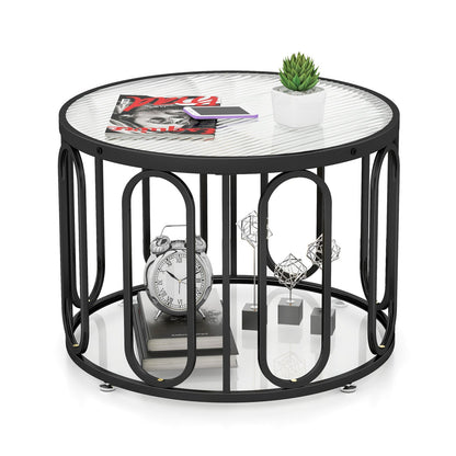 Mesa de centro redonda de 24 pulgadas con tapa de cristal templado acanalado y soportes giratorios ovalados - Negro