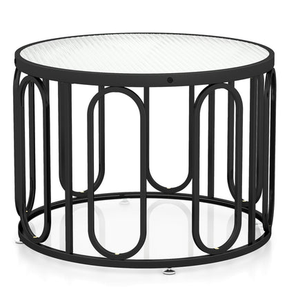 Mesa de centro redonda de 24 pulgadas con tapa de cristal templado acanalado y soportes giratorios ovalados - Negro
