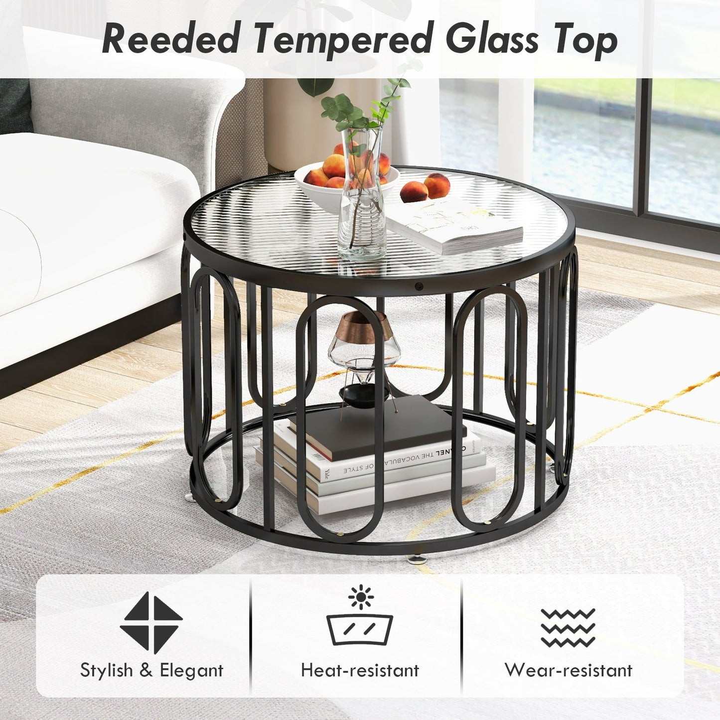 Mesa de centro redonda de 24 pulgadas con tapa de cristal templado acanalado y soportes giratorios ovalados - Negro