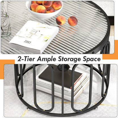 Mesa de centro redonda de 24 pulgadas con tapa de cristal templado acanalado y soportes giratorios ovalados - Negro