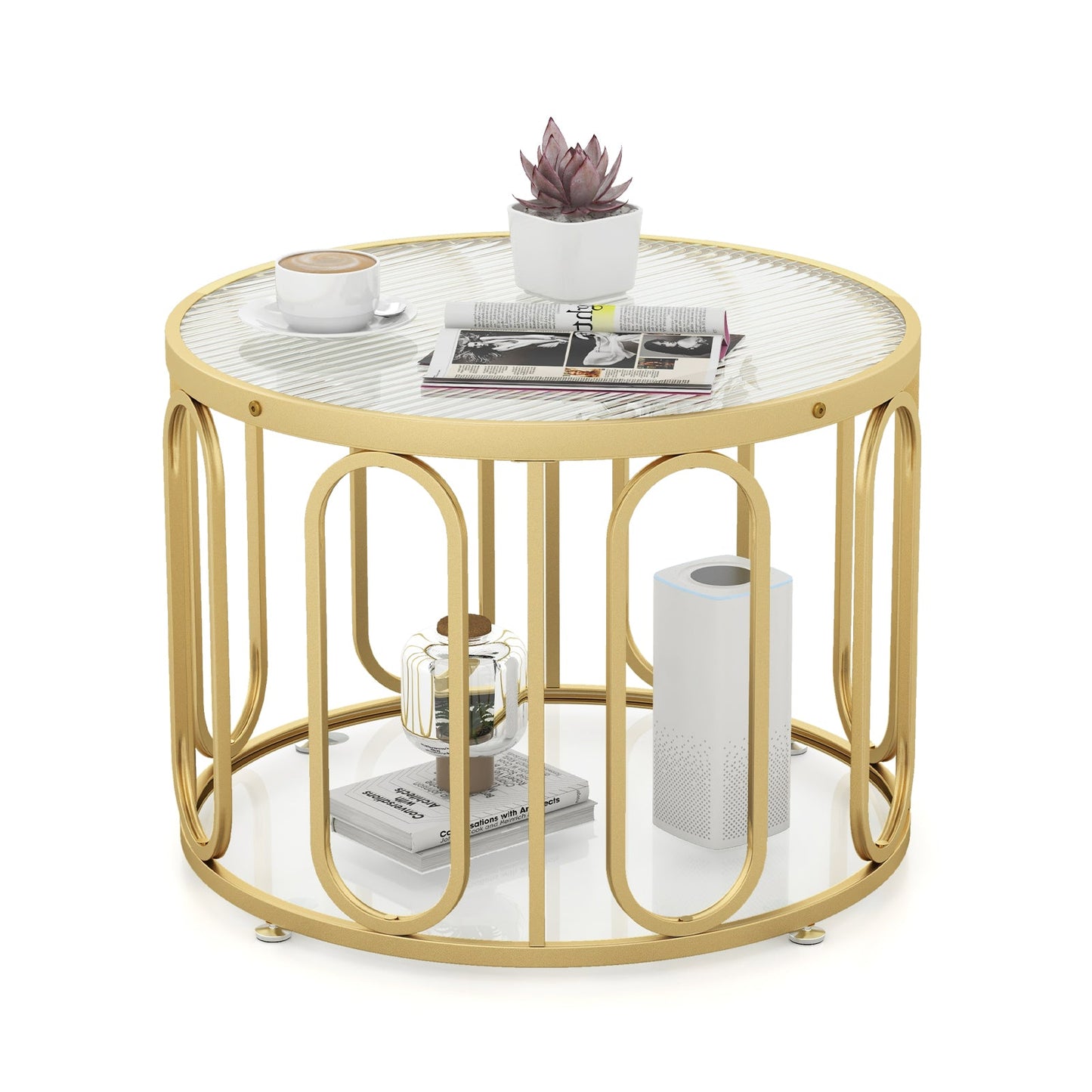 Mesa de centro redonda de 24 pulgadas con tapa de cristal templado acanalado y soportes giratorios ovalados - Negro