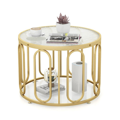 Mesa de centro redonda de 24 pulgadas con tapa de cristal templado acanalado y soportes giratorios ovalados - Negro