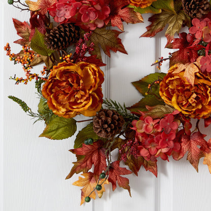 25” Fall Ranunculus, Hydrangea and Berries Autumn Artificial Wreath - Tampa Home & Garden Store