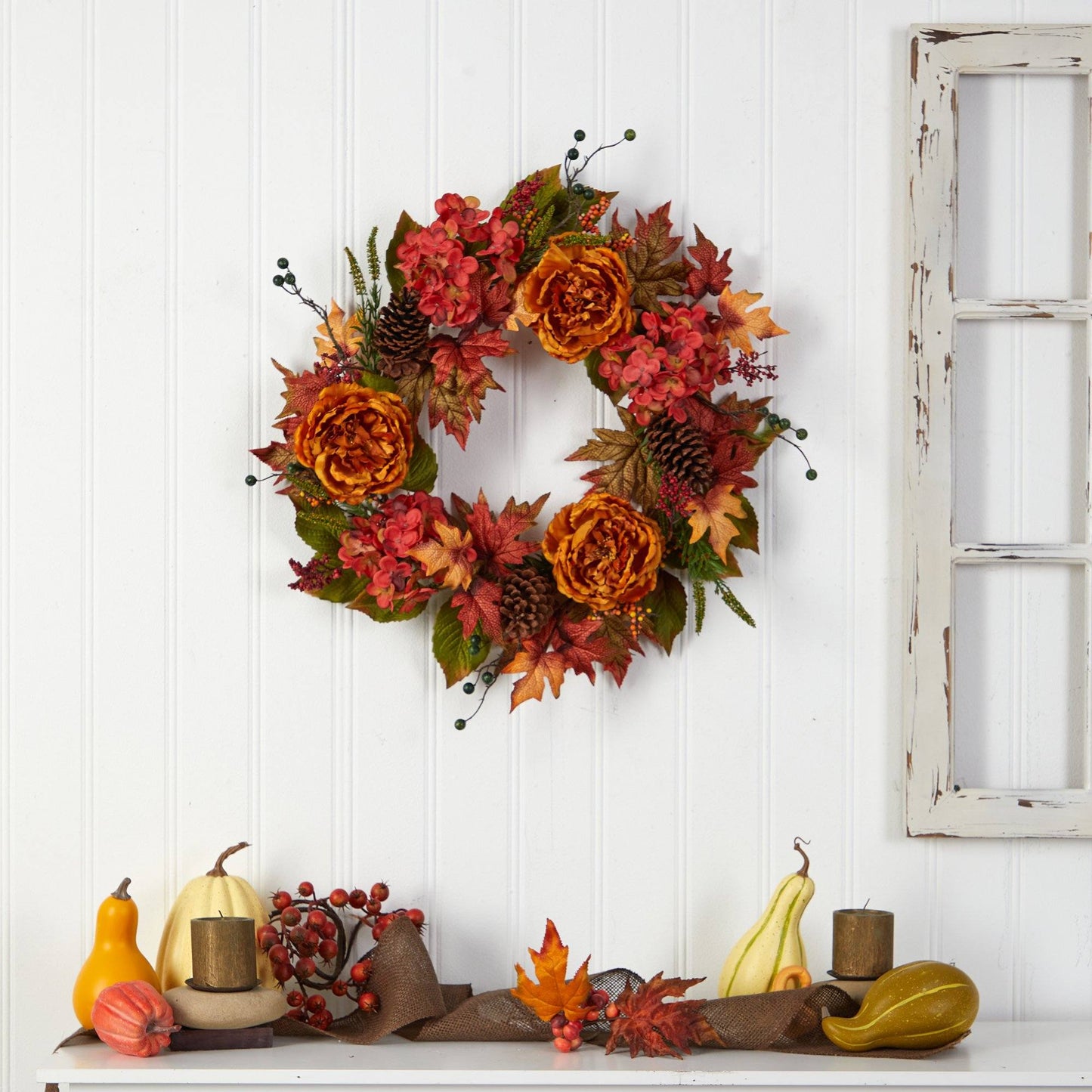 25” Fall Ranunculus, Hydrangea and Berries Autumn Artificial Wreath - Tampa Home & Garden Store