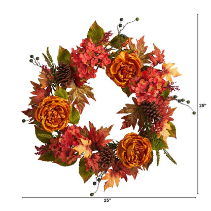25” Fall Ranunculus, Hydrangea and Berries Autumn Artificial Wreath - Tampa Home & Garden Store