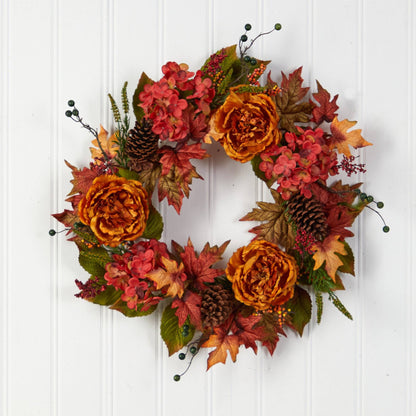 25” Fall Ranunculus, Hydrangea and Berries Autumn Artificial Wreath - Tampa Home & Garden Store
