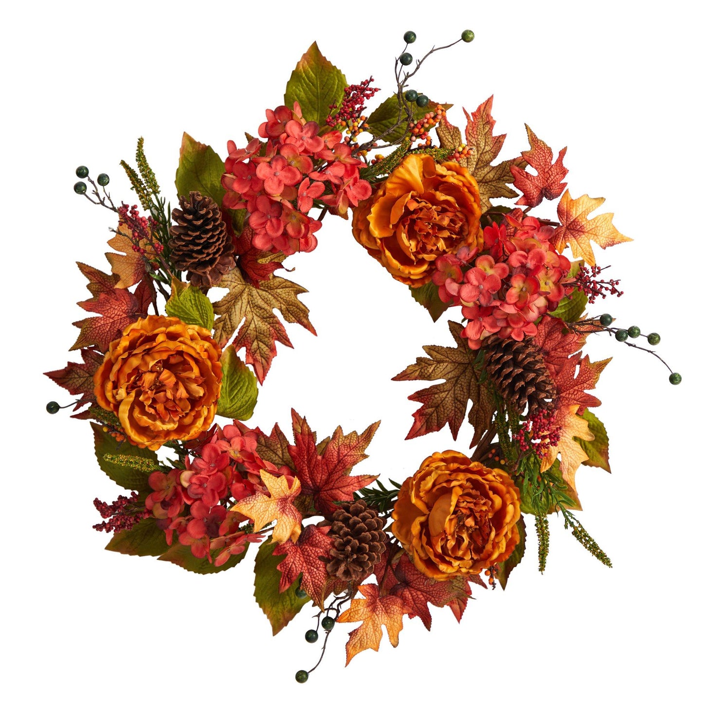25” Fall Ranunculus, Hydrangea and Berries Autumn Artificial Wreath - Tampa Home & Garden Store