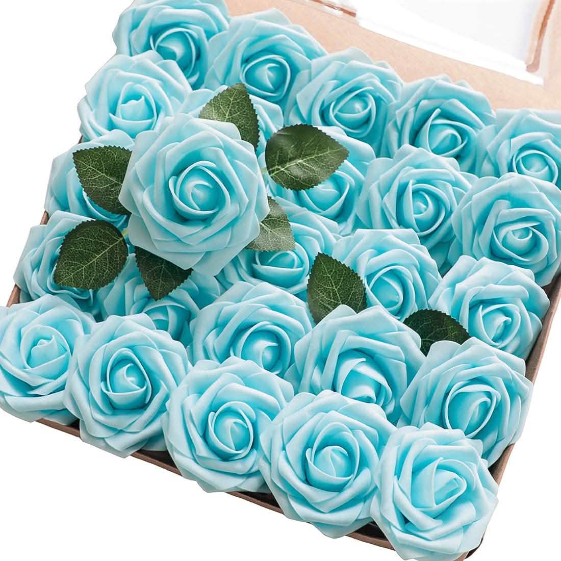 Floroom artificial blue rose bouquet, 25 pieces with green leaves in a box DailySale on Tampa Home & Garden Store