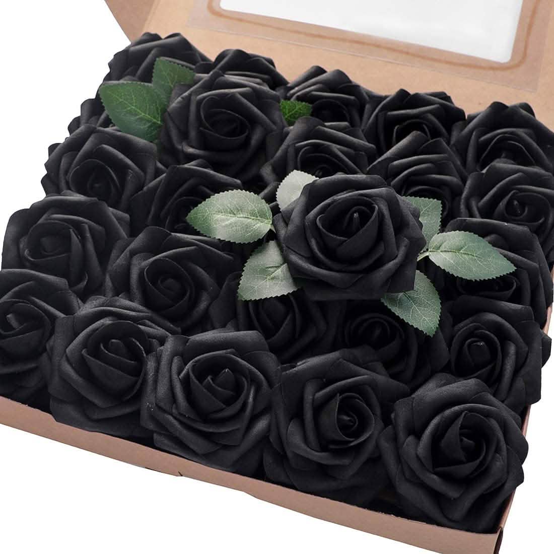 Floroom 25-piece black artificial rose bouquet with green leaves in a box DailySale on Tampa Home & Garden Store