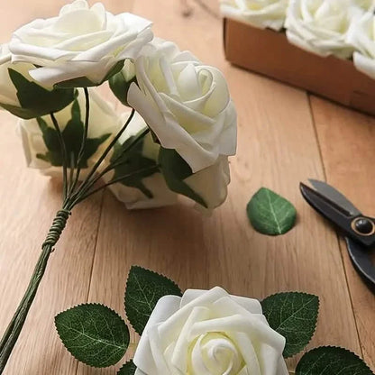 Floroom artificial white roses bouquet, 25-Pieces, DailySale, green stems on Tampa Home & Garden Store