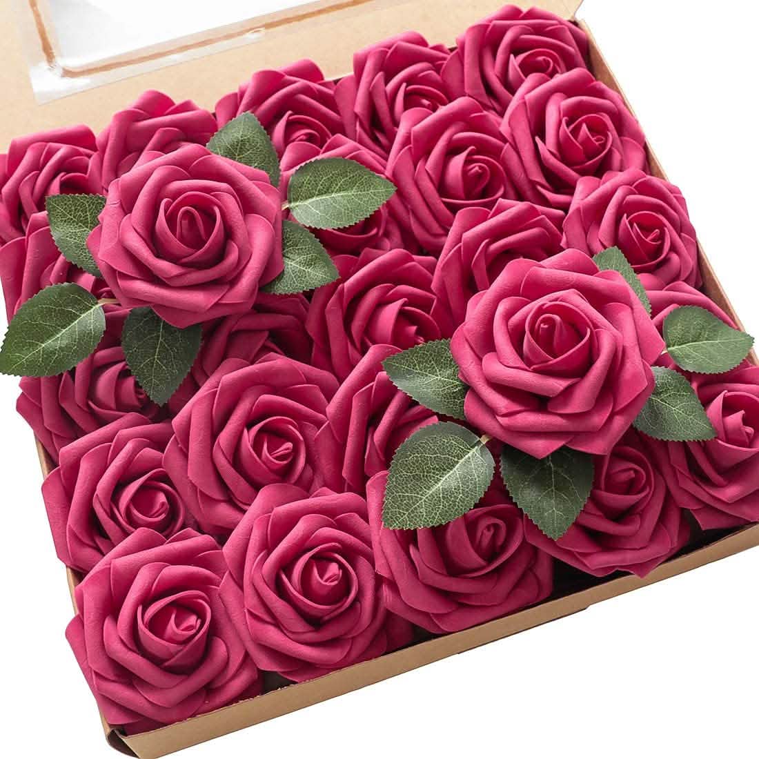 25-Pieces Floroom Artificial Flowers pink roses with green leaves by DailySale in a box on Tampa Home & Garden Store