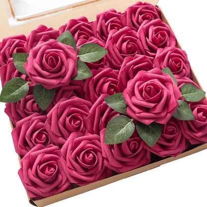25-Pieces Floroom Artificial Flowers pink roses with green leaves by DailySale in a box on Tampa Home & Garden Store