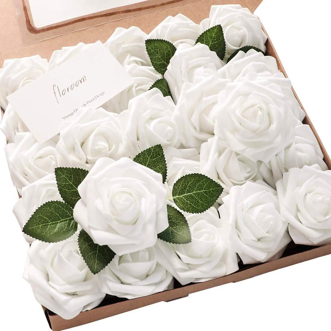 25-Pieces Floroom artificial flowers white roses with green leaves in box DailySale furniture on Tampa Home & Garden Store