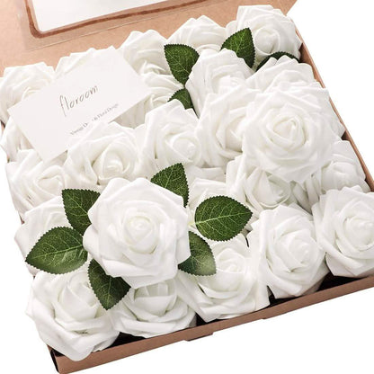 25-Pieces Floroom artificial flowers white roses with green leaves in box DailySale furniture on Tampa Home & Garden Store