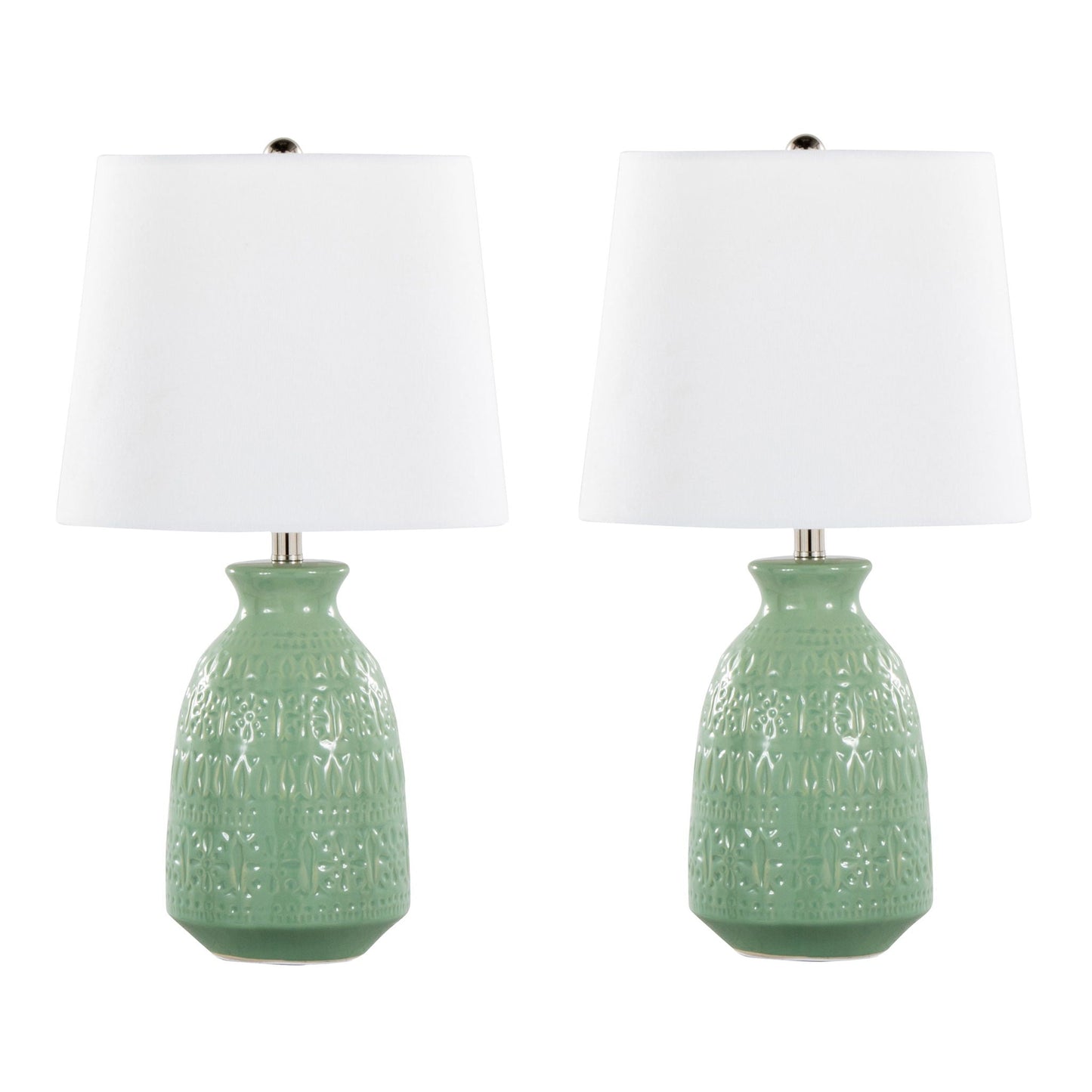 Claudia contemporary lamp set (set of 2) with white fabric shades and green ceramic bases on Tampa Home & Garden Store