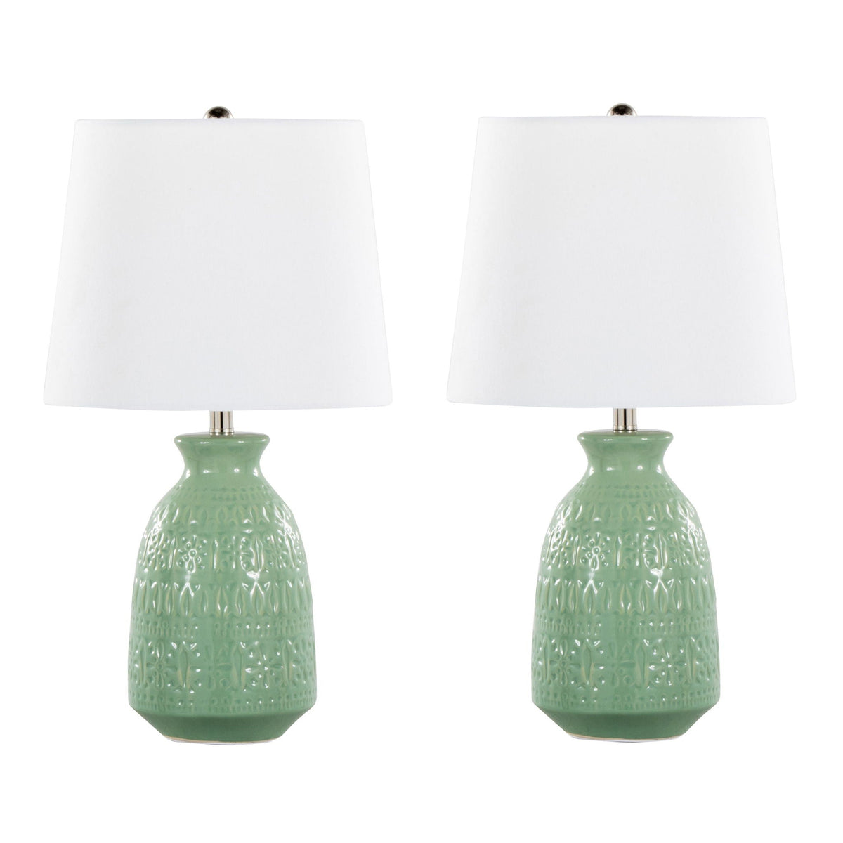 Claudia contemporary lamp set (set of 2) with white fabric shades and green ceramic bases on Tampa Home & Garden Store