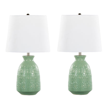 Claudia contemporary lamp set (set of 2) with white fabric shades and green ceramic bases on Tampa Home & Garden Store