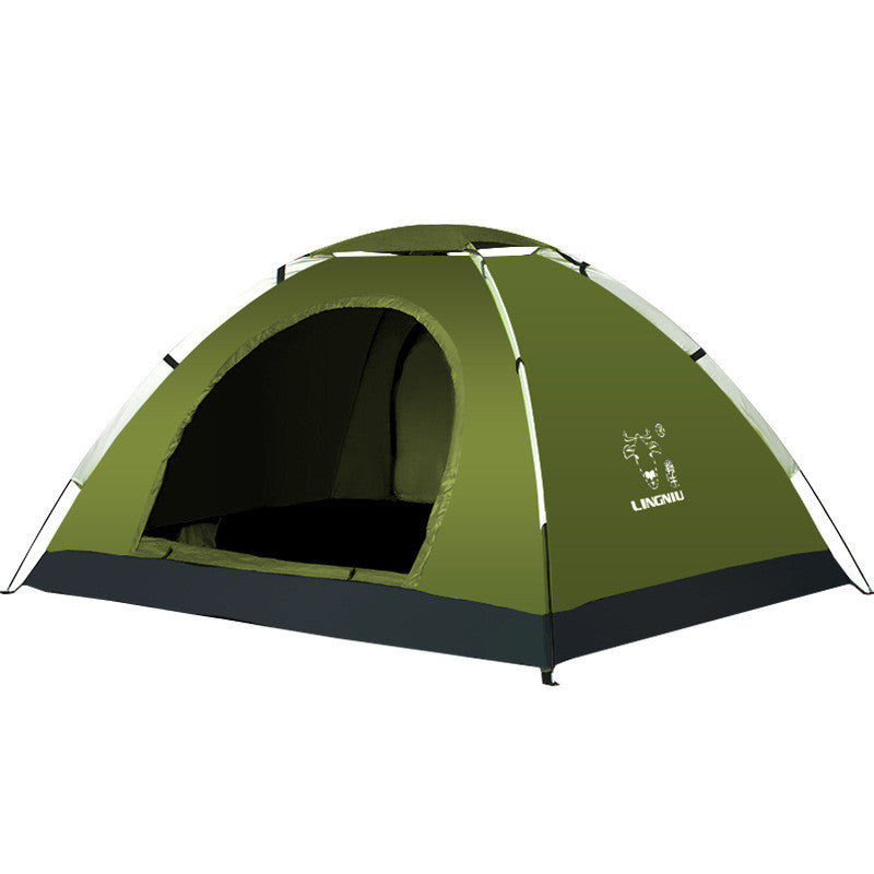 Single-layer green camping tent with open front door and white pole frame Lingniu logo on Tampa Home & Garden Store