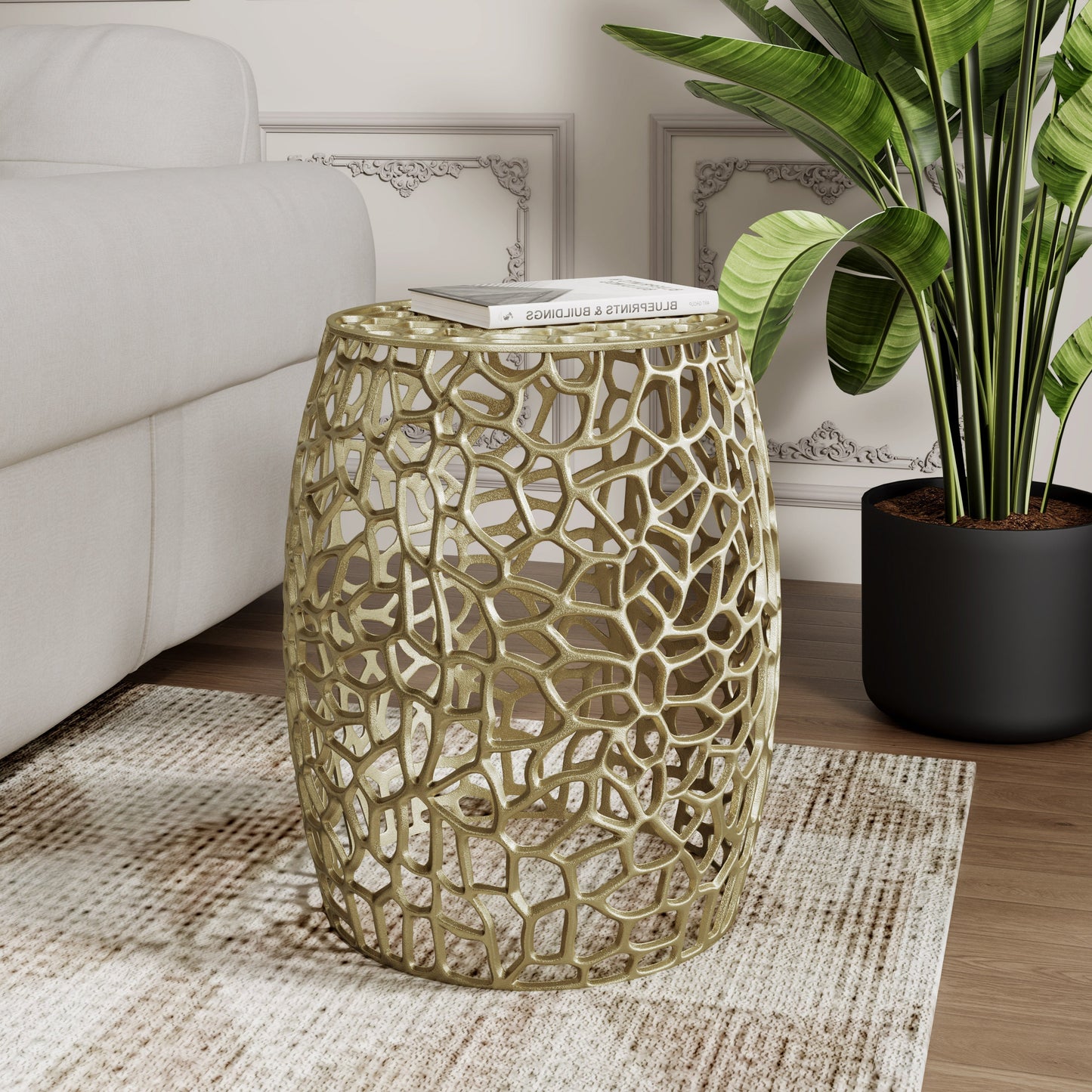 Aluminum drum end table with gold lattice and intricate design by HouseOfZazla on Tampa Home & Garden Store