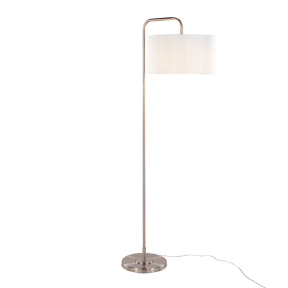 Puck contemporary floor lamp with curved brass stem and white rectangular shade on Tampa Home & Garden Store