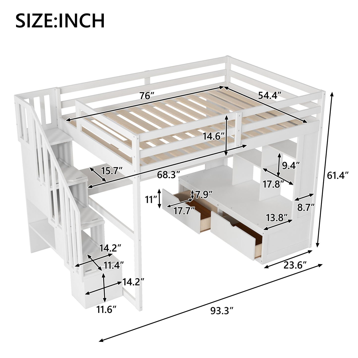 Full size loft bed with desk, shelves, two built-in drawers, white finish by HouseOfZazla on Tampa Home & Garden Store