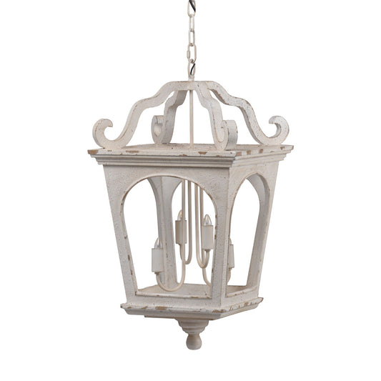 4-light cream white wood chandelier with ornate scroll arms and adjustable chain for kitchen on Tampa Home & Garden Store