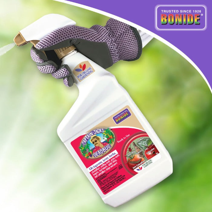 Captain Jack's Dead Bug Brew pesticide spray bottle held by gloved Rivendell Distribution Bonide on Tampa Home & Garden Store