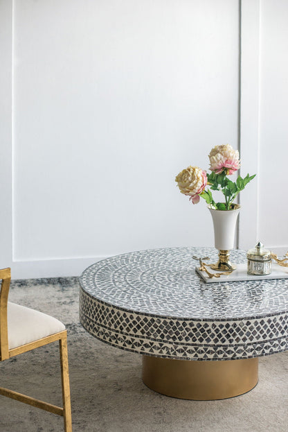 Capiz coffee table with pedestal base; round mosaic top, gold base, pink peony vase on Tampa Home & Garden Store